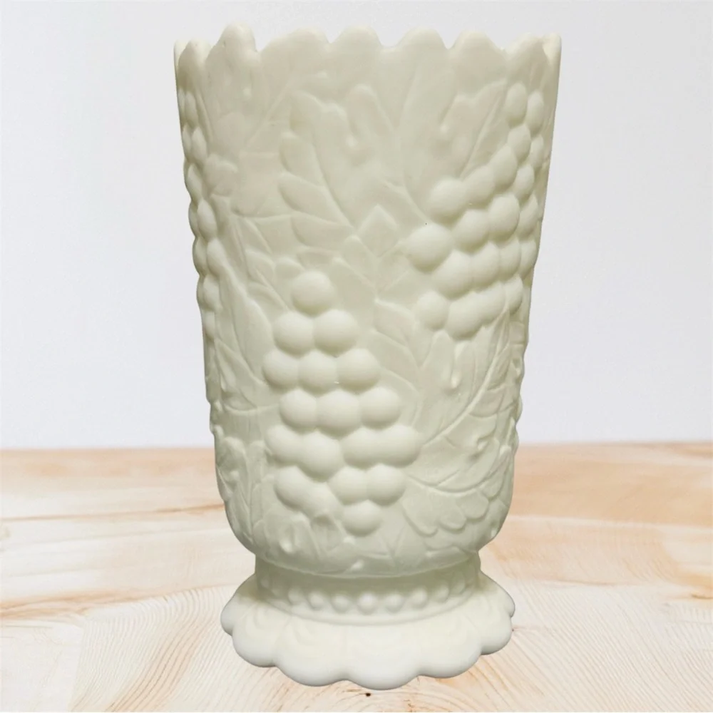 Vintage 1950s Imperial Glass Milk Glass Doeskin footed Vase Colony Harvest Grape